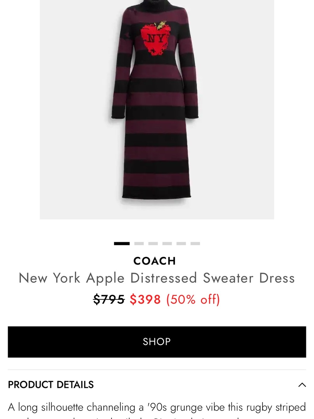 Coach Black & Plum Striped Turtleneck Sweater Dress with Red Apple Motif